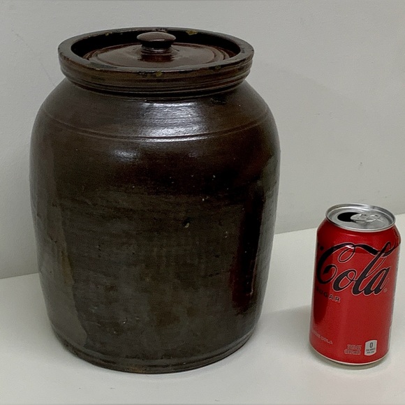 19th Century Antique Dark Brown Albany Slip Lidded Stoneware Crock Jug Pot - Picture 4 of 16